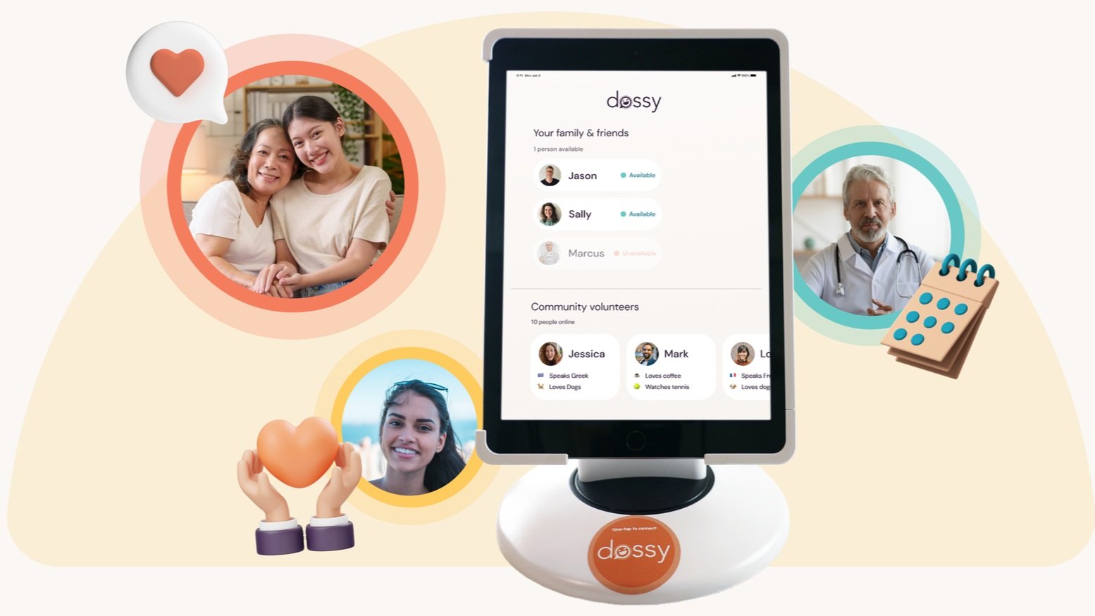Source: WGSN. Dossy‘s (Australia) ’one-tap-to-connect’ philosophy enables seniors to engage with loved ones or chat with community volunteers when desired