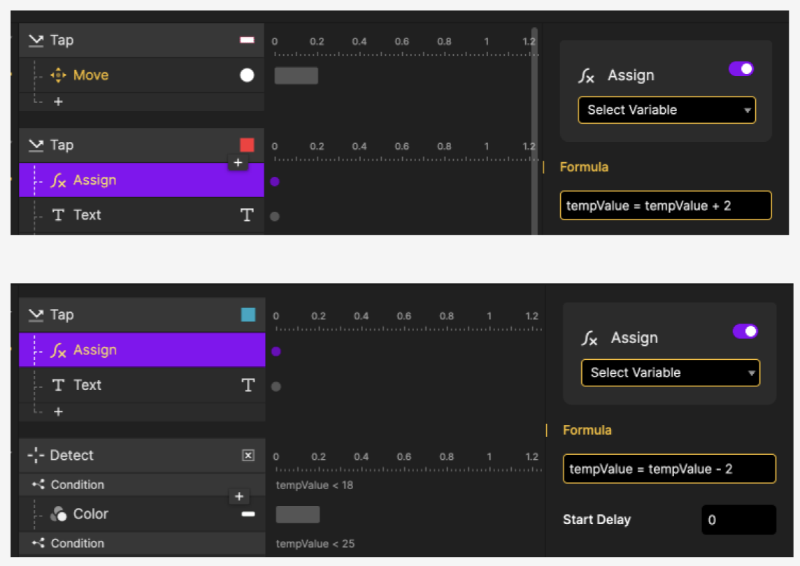 Since we do not have real Arduino sensor data yet, I created manual + and – buttons to simulate temperature changes using Assign actions. This allowed me to test how the UI responds to different values. One of the main unknowns was whether the colour feedback should change the border of the indoor temperature card (the current behaviour) or if it would make more sense to change the background or another part of the interface. This test helped me evaluate how clearly users understand their comfort levels based on temperature changes.