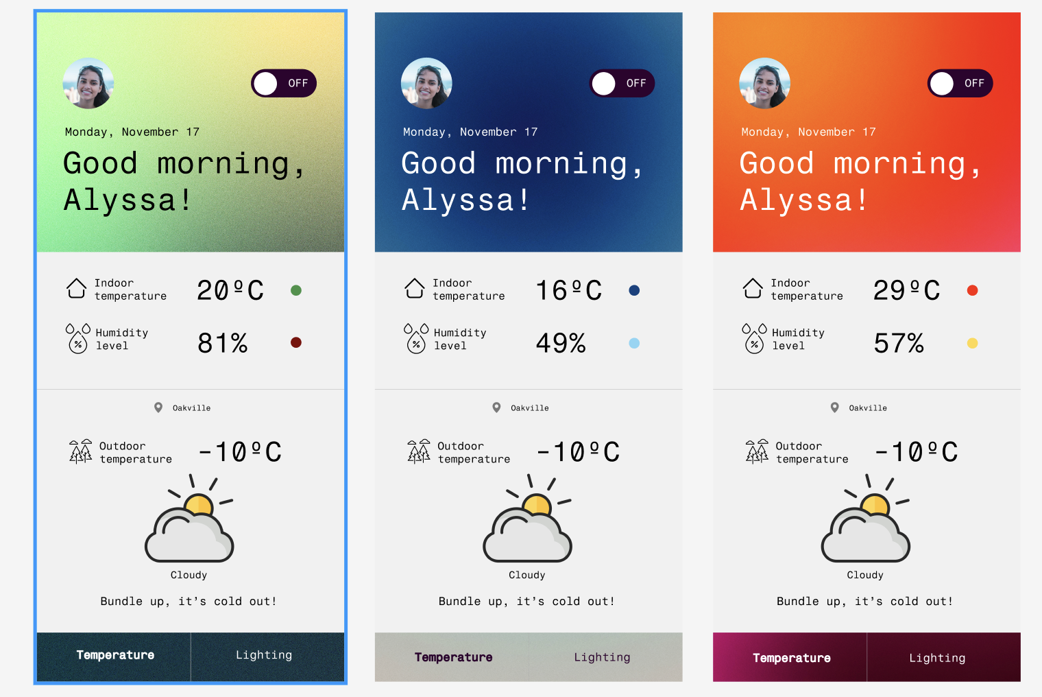 I explored three core temperature states: cold, pleasant, and hot, to understand which visual direction communicates comfort most clearly.