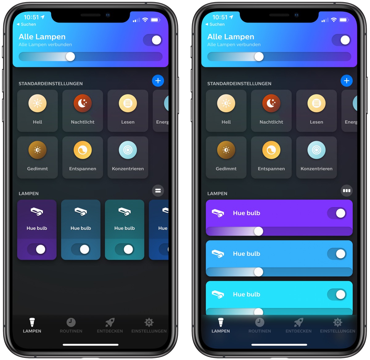 I also researched the Philips Hue mobile interface to understand how real smart-lighting systems present lamp controls, colour states, and device status. The Hue app uses clear labeling, simple toggles, and strong colour indicators to show each lamp’s state, which helped me refine the placement and wording of my own lamp controls. Studying its layout also guided my decision to keep lamp actions clear and separate while still supporting environmental information in a clean, readable way.