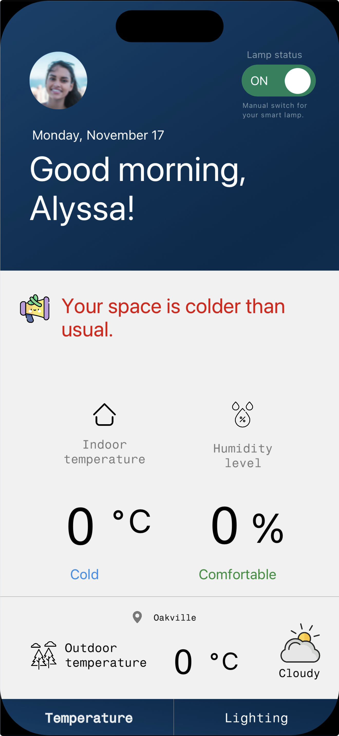 When my temperature logic is triggered in the prototype. I tested the cold state by manually setting a low temperature value, which activated the red alert message at the top of the screen. Even though the temperature and humidity numbers still display ‘0,’ this is intentional because, at this stage, I am only testing the local logic for the temperature status and the alert message rather than pulling actual sensor data. Seeing the warning state appear helped me confirm that the conditions I set were working correctly. It also made me think more about how the message, colour, and layout communicate urgency to the user. Testing this locally allowed me to refine the interaction before connecting it to live values later.