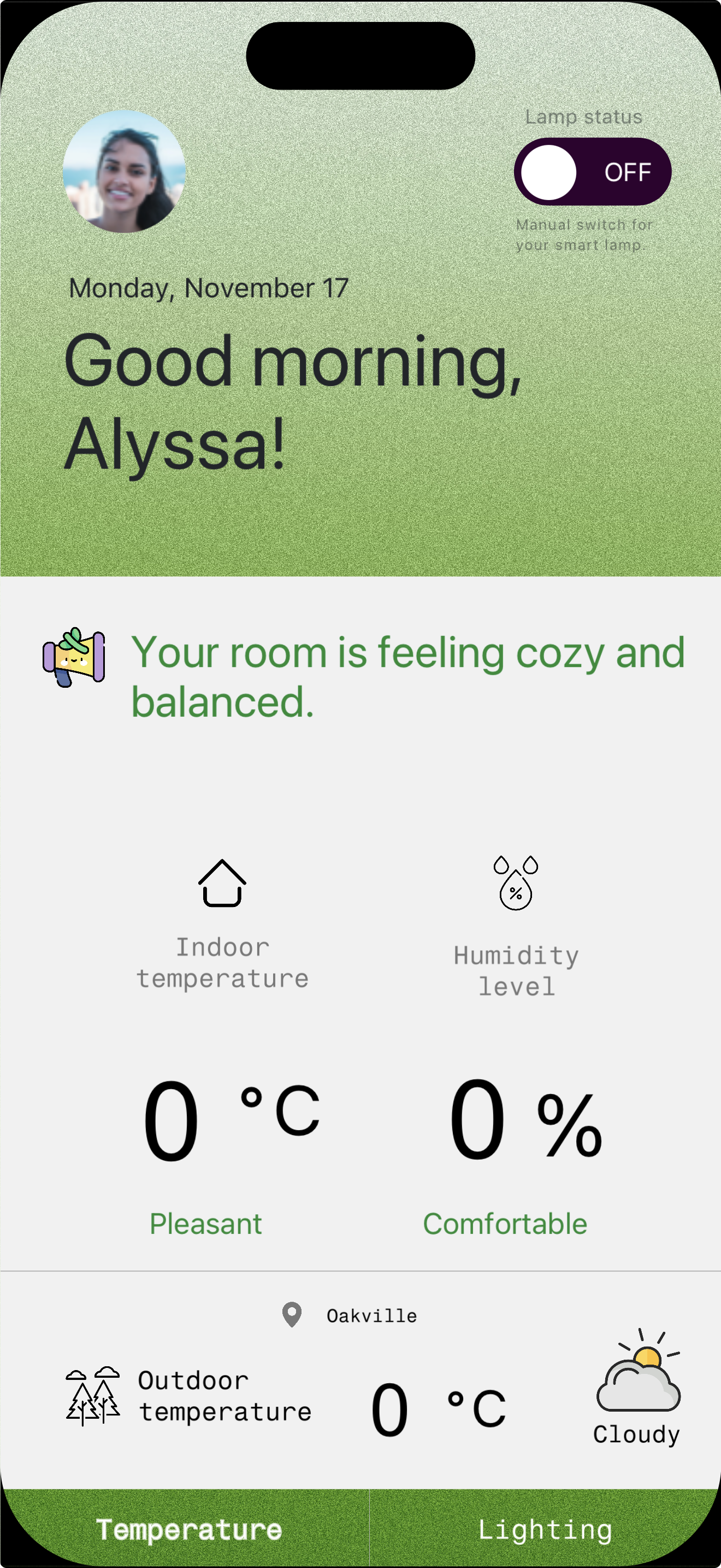 This screenshot shows the pleasant temperature state in my prototype. After switching the test value to fall within the balanced range, the background shifted to a green tone and the alert message updated to a calm, reassuring statement. Similar to the previous test, the indoor temperature and humidity numbers remain at zero on purpose because I am still testing the local logic for the status message and colour changes rather than displaying actual sensor data. Seeing the pleasant state appear confirmed that my conditional setup is working across multiple ranges, not just the extreme cases. This helped me understand how the interface communicates comfort and balance, and it allowed me to compare how each state feels from the user’s perspective.