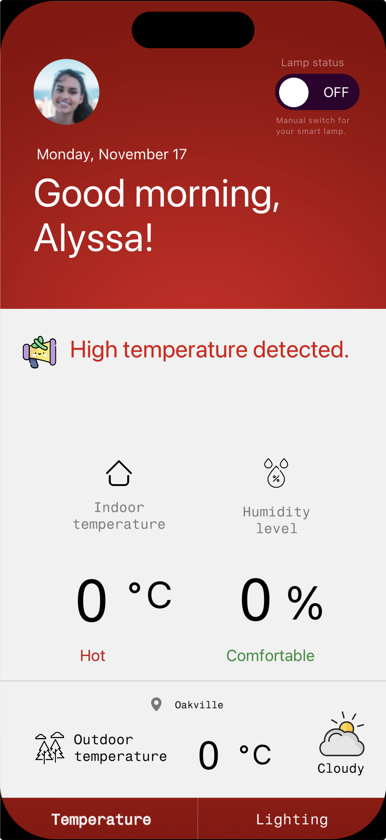 The hot temperature state after I tested the upper range of my conditions. When I set the test variable to a high value, the background changed to a strong red tone and the alert message updated to warn the user about elevated temperatures. The temperature and humidity values remain at zero on purpose because I am only testing the local logic for the temperature status and alert message, not the live sensor data. Seeing the system respond correctly to the hot range helped me confirm that all three temperature states function the way I intended. It also made me think more about how urgency is communicated visually and whether the transition into this state feels clear and intuitive for the user.