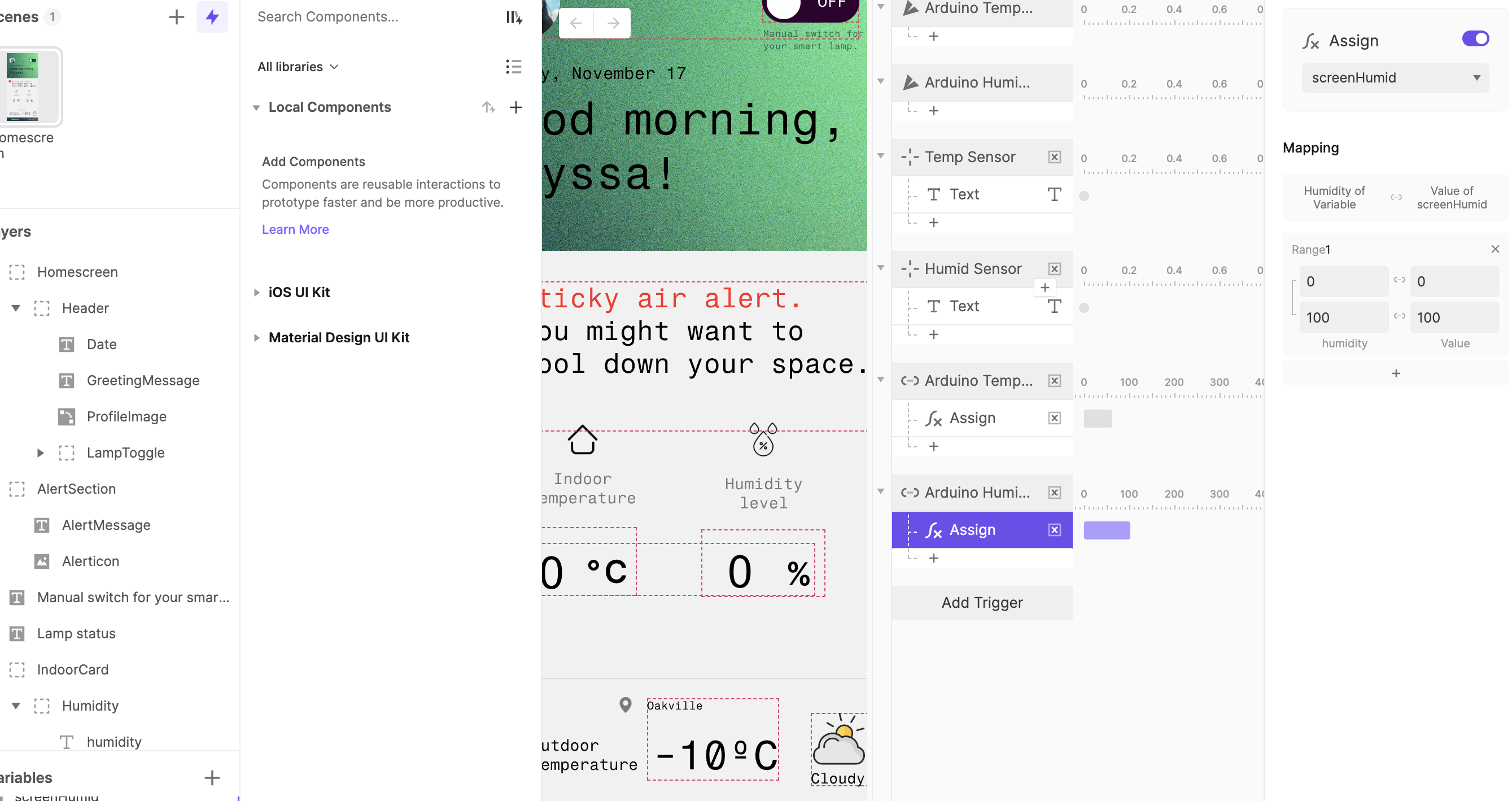 While testing with the live Arduino sensor, I noticed that the humidity value didn’t always update smoothly in ProtoPie. Even though the mapping looked correct, the number sometimes froze or jumped in ways that didn’t match the real sensor readings. This made me realize that the issue wasn’t the hardware but how ProtoPie processed rapid changes in incoming data. It helped me understand that I need to adjust how the UI handles fast or fluctuating values so the interface remains stable and reliable.