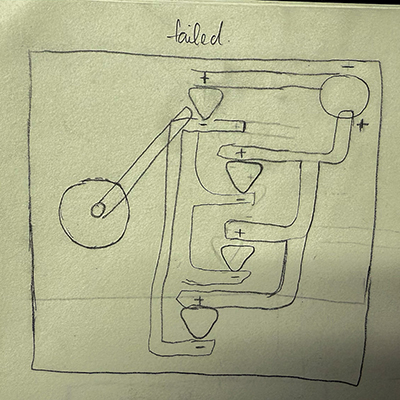 This circuit is failed due to wrong wiring the conductive tape. I drew a different circuit