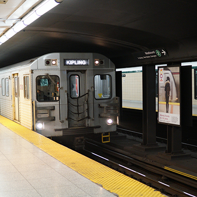 The audio features a mix of a TTC subway station announcement and the rumbling engine sounds of an approaching or idling train.